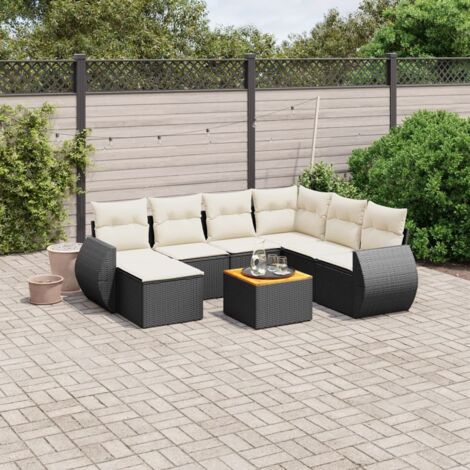 Ensemble Salon Jardin 8 Places Noir Résine Tressée avec Coussins Crème - Canapé d'Angle, Sièges et Table Acacia