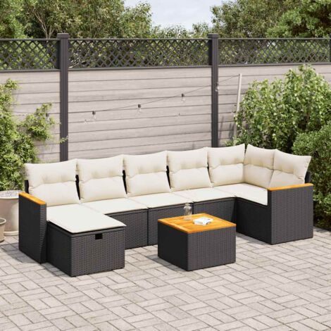 Ensemble Salon Jardin 8 Places Noir Résine Tressée avec Coussins Crème - Canapé d'Angle, Table et Pouf Modulables