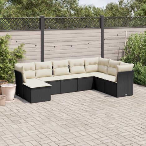 Ensemble Salon Jardin 8 Places Noir Résine Tressée avec Coussins Crème - Meuble Extérieur Modulaire