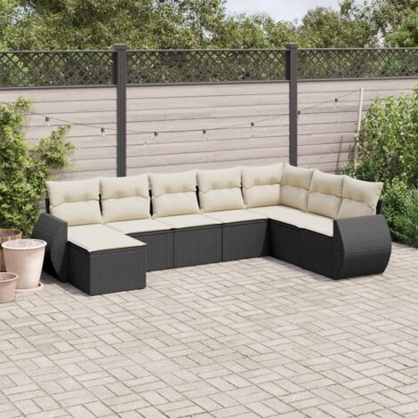 Ensemble Salon Jardin 8 Places Noir Résine Tressée avec Coussins Crème - Meuble Extérieur Modulaire