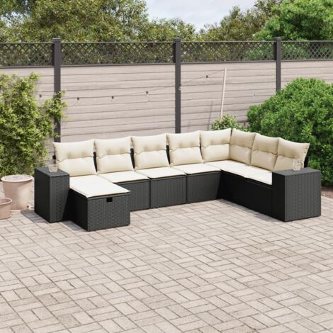 Ensemble Salon Jardin 8 Places Noir Résine Tressée avec Coussins Crème - Meuble Extérieur Modulaire