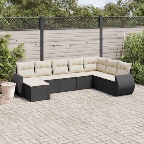 Ensemble Salon Jardin 8 Places Noir Résine Tressée avec Coussins Crème - Meuble Extérieur Modulaire avec Rangement