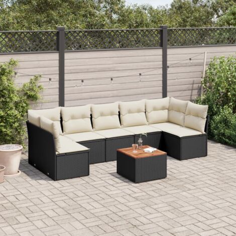 Ensemble Salon Jardin 8 Places Noir Résine Tressée avec Coussins Crème - Table Acacia