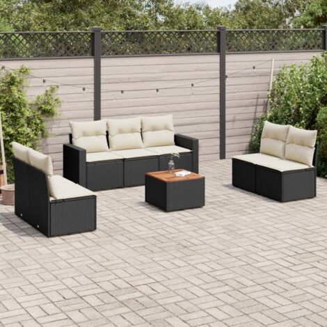 Ensemble Salon Jardin 8 Places Noir Résine Tressée avec Coussins Crème - Table Acacia - Modulaire