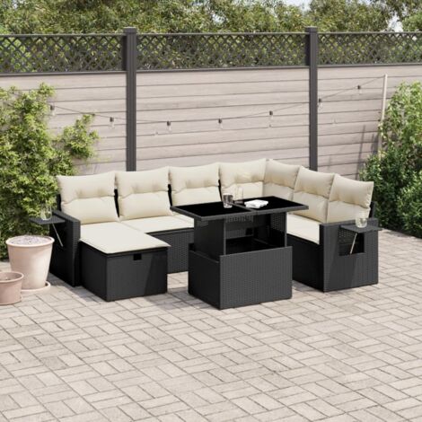Ensemble Salon Jardin 8 Places Noir Résine Tressée avec Coussins Crème - Table Réglable et Mobilier Modulaire