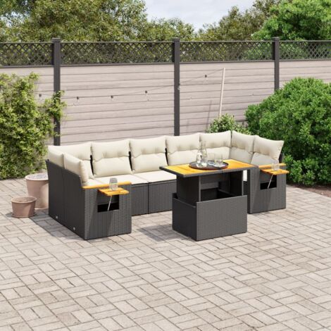 Ensemble Salon Jardin 8 Places Noir Résine Tressée avec Coussins Crème - Table Réglable et Mobilier Modulaire Extérieur