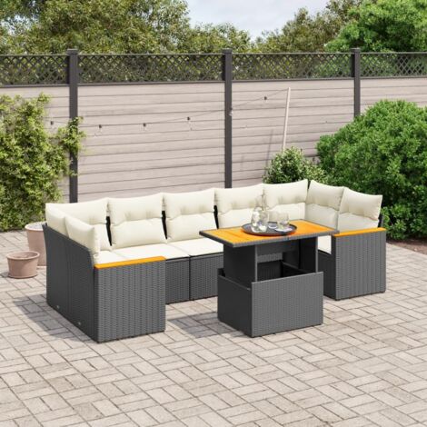 Ensemble Salon Jardin 8 Places Noir Résine Tressée avec Coussins Crème - Table Réglable et Modulaire