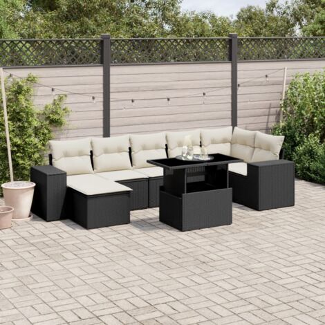 Ensemble Salon Jardin 8 Places Noir Résine Tressée avec Coussins Crème - Table Réglable Hauteur, Meuble Extérieur Modulaire