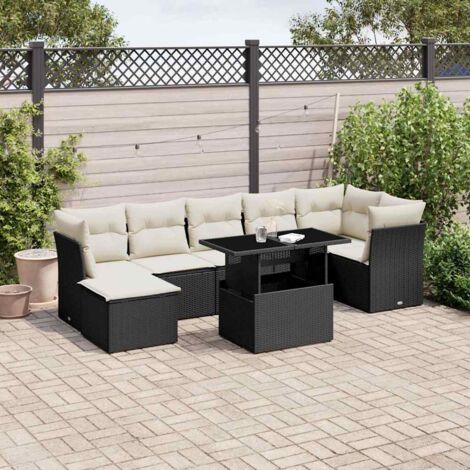Ensemble Salon Jardin 8 Places Noir Résine Tressée avec Coussins Crème - Table Réglable Hauteur, Meuble Extérieur Modulaire