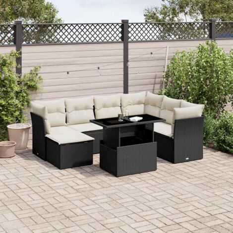 Ensemble Salon Jardin 8 Places Noir Résine Tressée avec Coussins Crème - Table Réglable Hauteur, Meuble Extérieur Modulaire