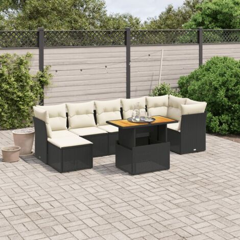 Ensemble Salon Jardin 8 Places Noir Résine Tressée avec Coussins Crème - Table Réglable Hauteur, Meuble Extérieur Modulaire Polyrotin