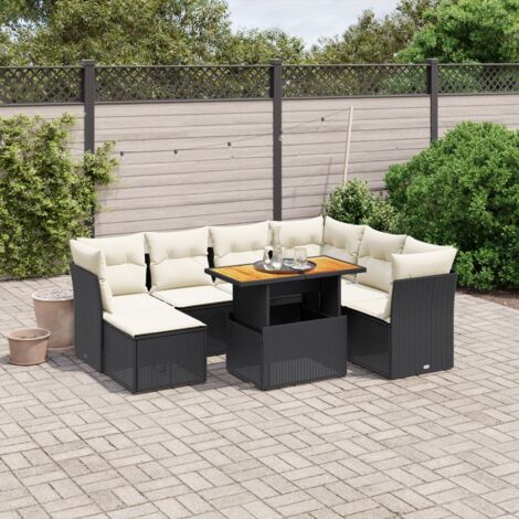 Ensemble Salon Jardin 8 Places Noir Résine Tressée avec Coussins Crème - Table Réglable Modulaire