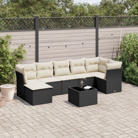 Ensemble Salon Jardin 8 Places Noir Résine Tressée avec Coussins Crème - Table Verre Trempé, Meuble Extérieur Modulaire