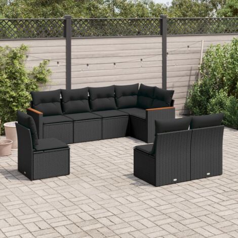 Ensemble Salon Jardin 8 Places Noir Résine Tressée avec Coussins - Meuble Extérieur Modulaire avec Rangement et Housse Lavable