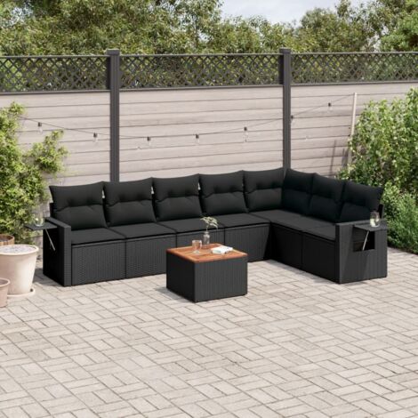 Ensemble Salon Jardin 8 Places Noir Résine Tressée avec Coussins - Table Acacia - Modulaire