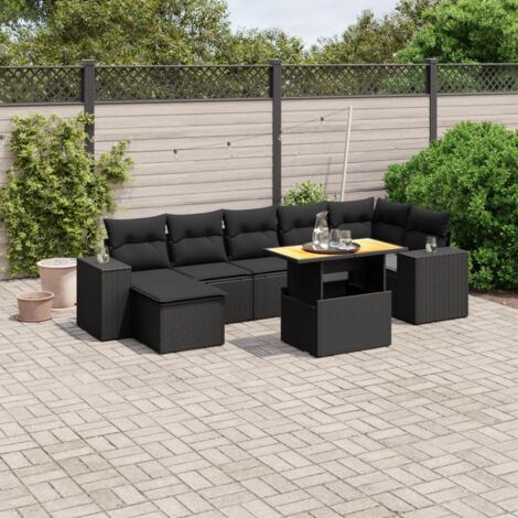 Ensemble Salon Jardin 8 Places Noir Résine Tressée avec Coussins - Table Réglable Hauteur, Mobilier Extérieur Modulaire Durable