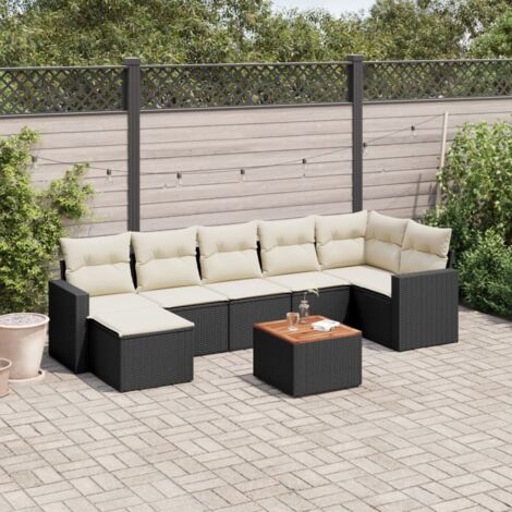 Ensemble Salon Jardin 8 Places Noir Résine Tressée avec Table Acacia et Coussins Crème - Meuble Extérieur Modulaire