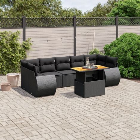 Ensemble Salon Jardin 8 Places Noir Résine Tressée avec Table Modulable et Coussins Confort