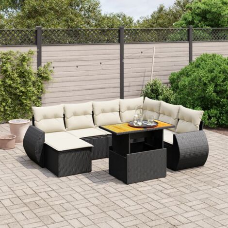Ensemble Salon Jardin 8 Places Noir Résine Tressée avec Table Réglable et Coussins Crème