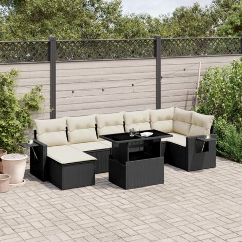 Ensemble Salon Jardin 8 Places Noir Résine Tressée avec Table Réglable et Coussins Crème