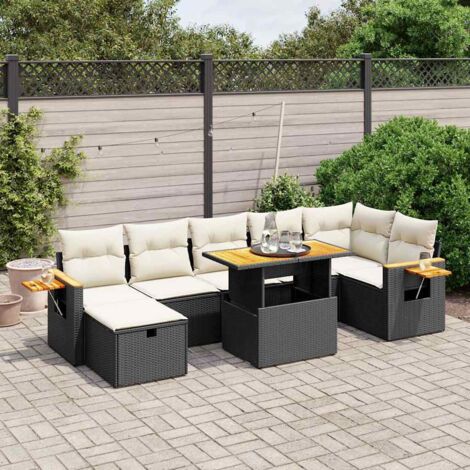 Ensemble Salon Jardin 8 Places Noir Résine Tressée avec Table Réglable et Coussins Crème - Canapés Modulaires et Meuble d'Extérieur Durable