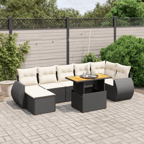Ensemble Salon Jardin 8 Places Noir Résine Tressée avec Table Réglable et Coussins Crème - Meuble Extérieur Modulaire