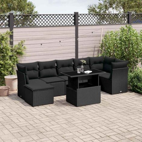 Ensemble Salon Jardin 8 Places Noir Résine Tressée avec Table Réglable et Coussins Lavables