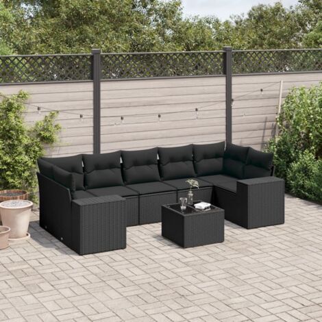 Ensemble Salon Jardin 8 Places Noir Résine Tressée avec Table Verre Trempé et Coussins Confortables - Mobilier Extérieur Modulaire