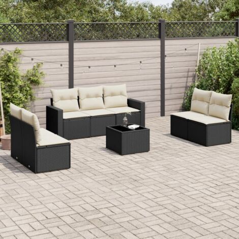 Ensemble Salon Jardin 8 Places Noir Résine Tressée avec Table Verre Trempé et Coussins Crème