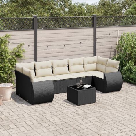 Ensemble Salon Jardin 8 Places Noir Résine Tressée avec Table Verre Trempé et Coussins Détachables