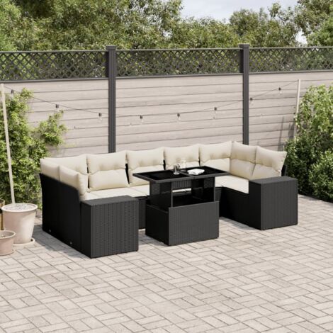 Ensemble Salon Jardin 8 Places Noir Résine Tressée - Canapé d'Angle Modulable avec Table Réglable et Coussins Détachables
