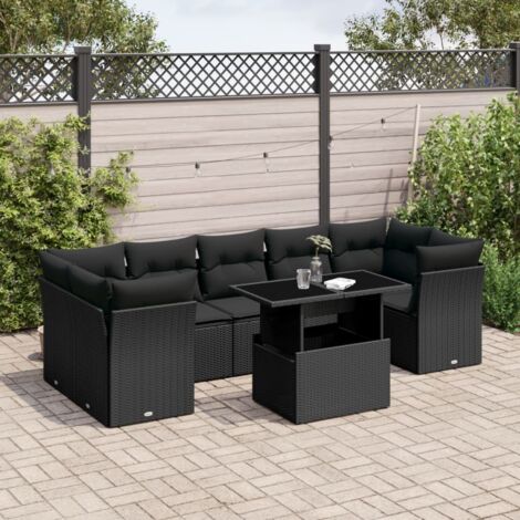 Ensemble Salon Jardin 8 Places Noir Résine Tressée - Canapé d'Angle Modulable avec Table Réglable et Coussins Lavables