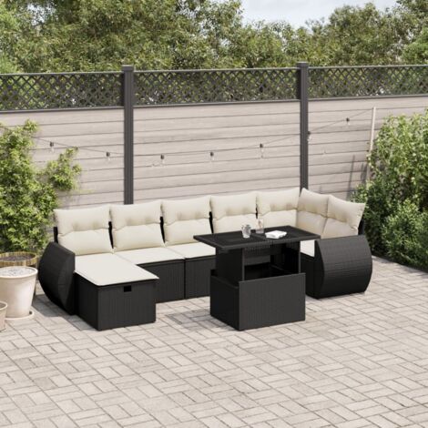 Ensemble Salon Jardin 8 Places Noir Résine Tressée - Canapés Modulables avec Table Verre et Coussins Crème