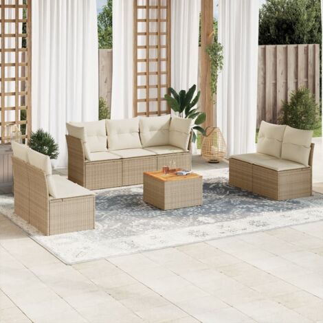 Ensemble Salon Jardin 8 Places Résine Tressée Beige avec Coussins - 2 Sièges Coin + 5 Sièges Centraux + Table Acacia - Stockage Intégré