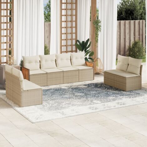 Ensemble Salon Jardin 8 Places Résine Tressée Beige avec Coussins - 6 Sièges Centraux + 2 Canapés Accoudoirs, Stockage Intégré, Housses Lavables