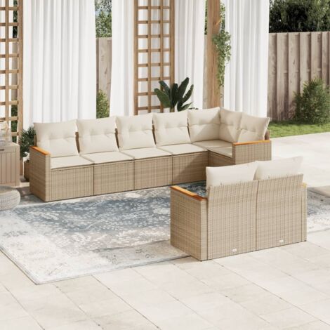 Ensemble Salon Jardin 8 Places Résine Tressée Beige avec Coussins Amovibles - Canapé d'Angle, Central et Accoudoirs