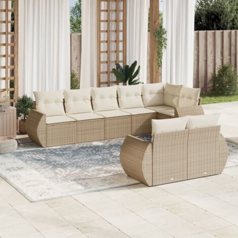 Ensemble Salon Jardin 8 Places Résine Tressée Beige avec Coussins Amovibles - Canapé d'Angle, Central et Accoudoirs