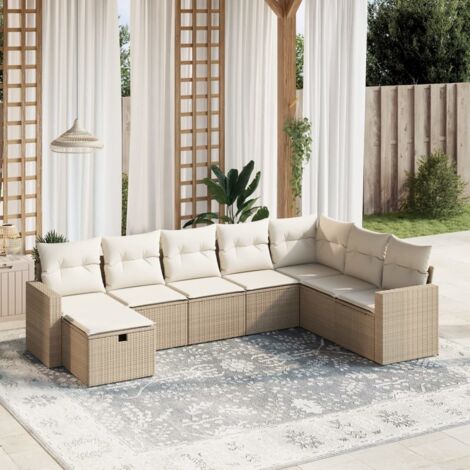 Ensemble Salon Jardin 8 Places Résine Tressée Beige avec Coussins Amovibles - Canapé d'Angle, Sièges et Pouf Modulables