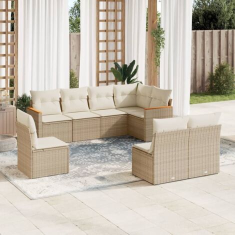 Ensemble Salon Jardin 8 Places Résine Tressée Beige avec Coussins Amovibles et Espace Rangement