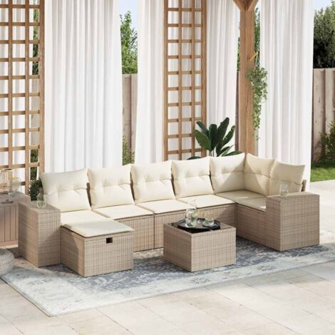 Ensemble Salon Jardin 8 Places Résine Tressée Beige avec Coussins Amovibles et Espace Rangement