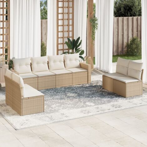 Ensemble Salon Jardin 8 Places Résine Tressée Beige avec Coussins Amovibles et Rangements Intégrés