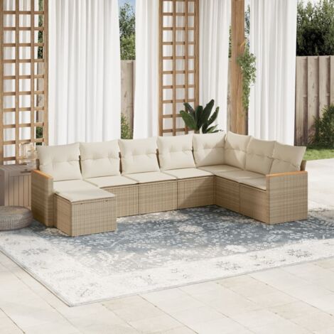 Ensemble Salon Jardin 8 Places Résine Tressée Beige avec Coussins Amovibles - Meuble Extérieur Modulaire