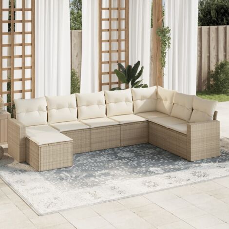Ensemble Salon Jardin 8 Places Résine Tressée Beige avec Coussins Amovibles - Meuble Terrasse Modulaire Confortable