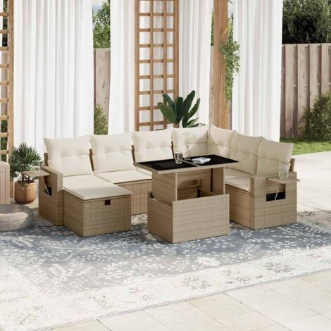 Ensemble Salon Jardin 8 Places Résine Tressée Beige avec Coussins Amovibles - Table Réglable et Design Modulaire