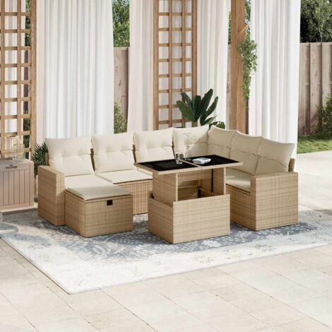 Ensemble Salon Jardin 8 Places Résine Tressée Beige avec Coussins Amovibles - Table Réglable et Design Modulaire