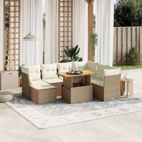 Ensemble Salon Jardin 8 Places Résine Tressée Beige avec Coussins Amovibles - Table Réglable et Mobilier Modulaire
