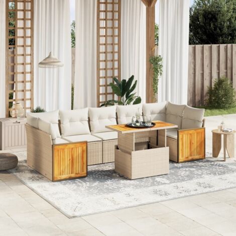 Ensemble Salon Jardin 8 Places Résine Tressée Beige avec Coussins Amovibles - Table Réglable et Structure Acier