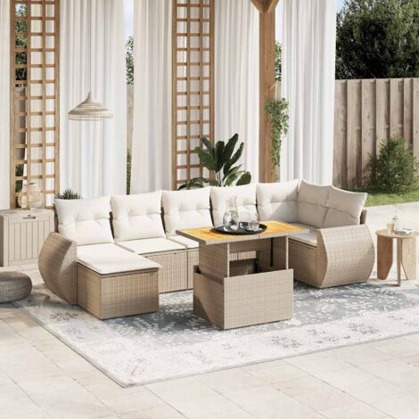Ensemble Salon Jardin 8 Places Résine Tressée Beige avec Coussins Amovibles - Table Réglable Hauteur