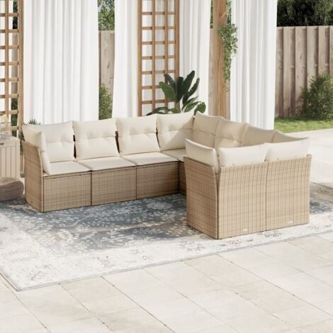 Ensemble Salon Jardin 8 Places Résine Tressée Beige avec Coussins - Canapé d'Angle et Central Modulable