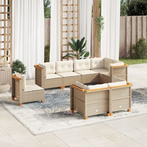 Ensemble Salon Jardin 8 Places Résine Tressée Beige avec Coussins - Canapé d'Angle et Central Modulaire en Polyrotin
